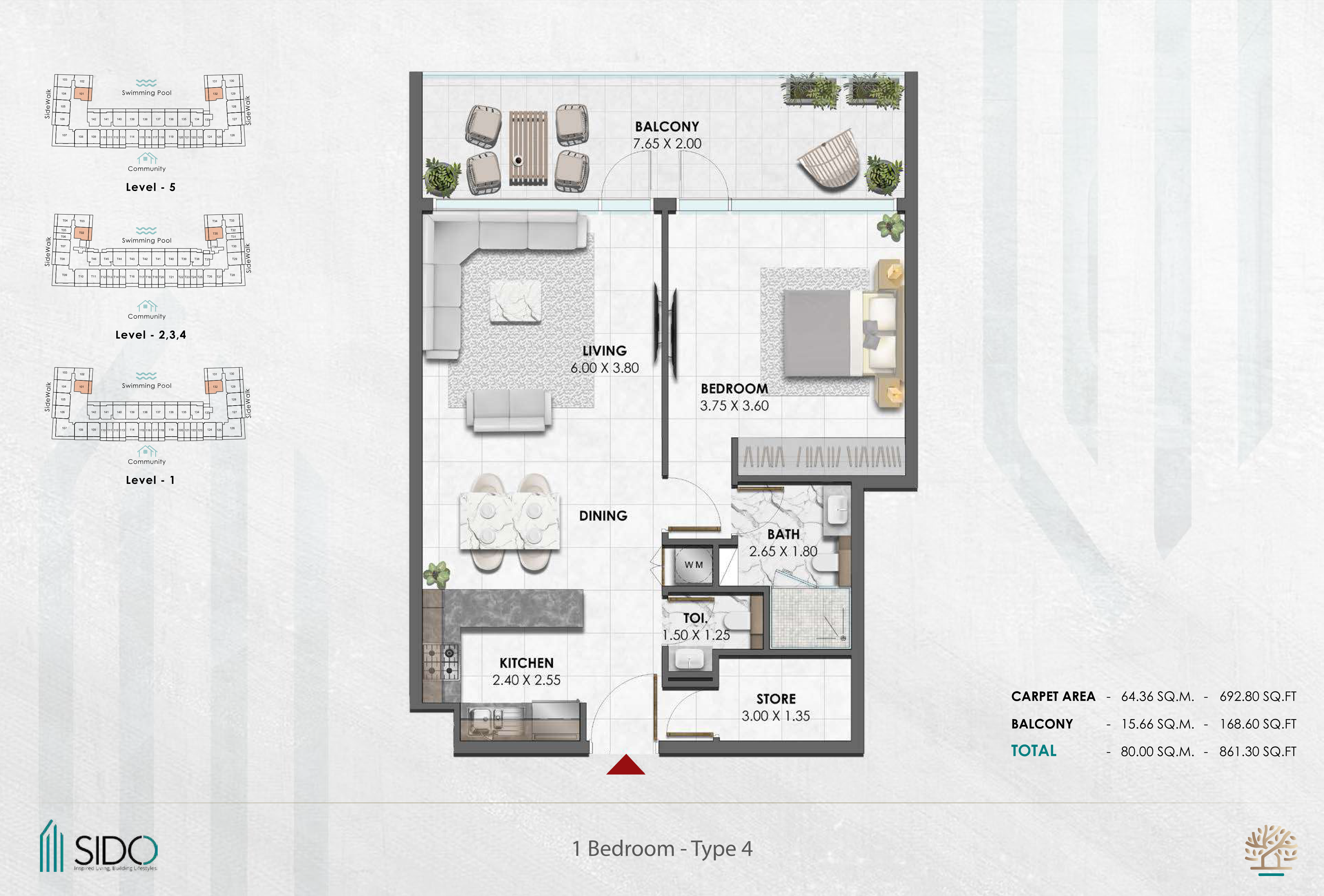 Waref Residences by Sido 1BR floor plan