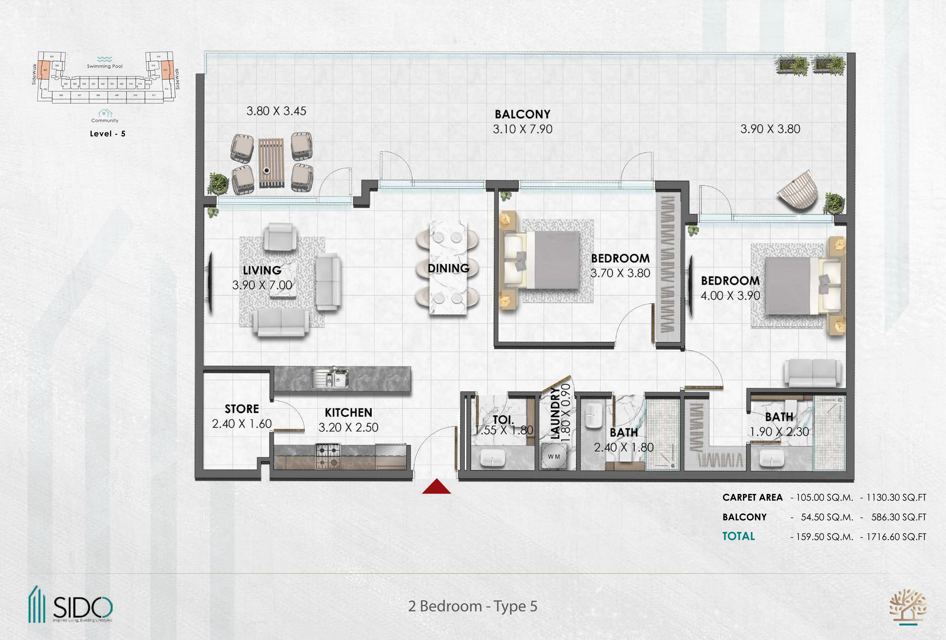 Waref Residences by Sido 2BR floor plan