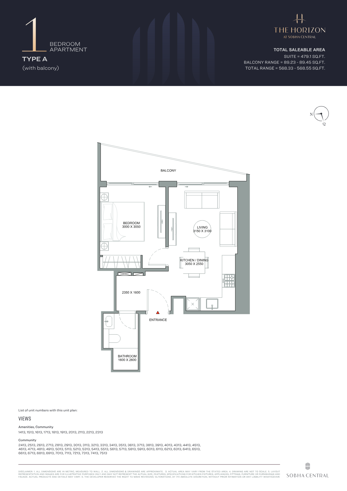 Sobha Central 1BR floor plan