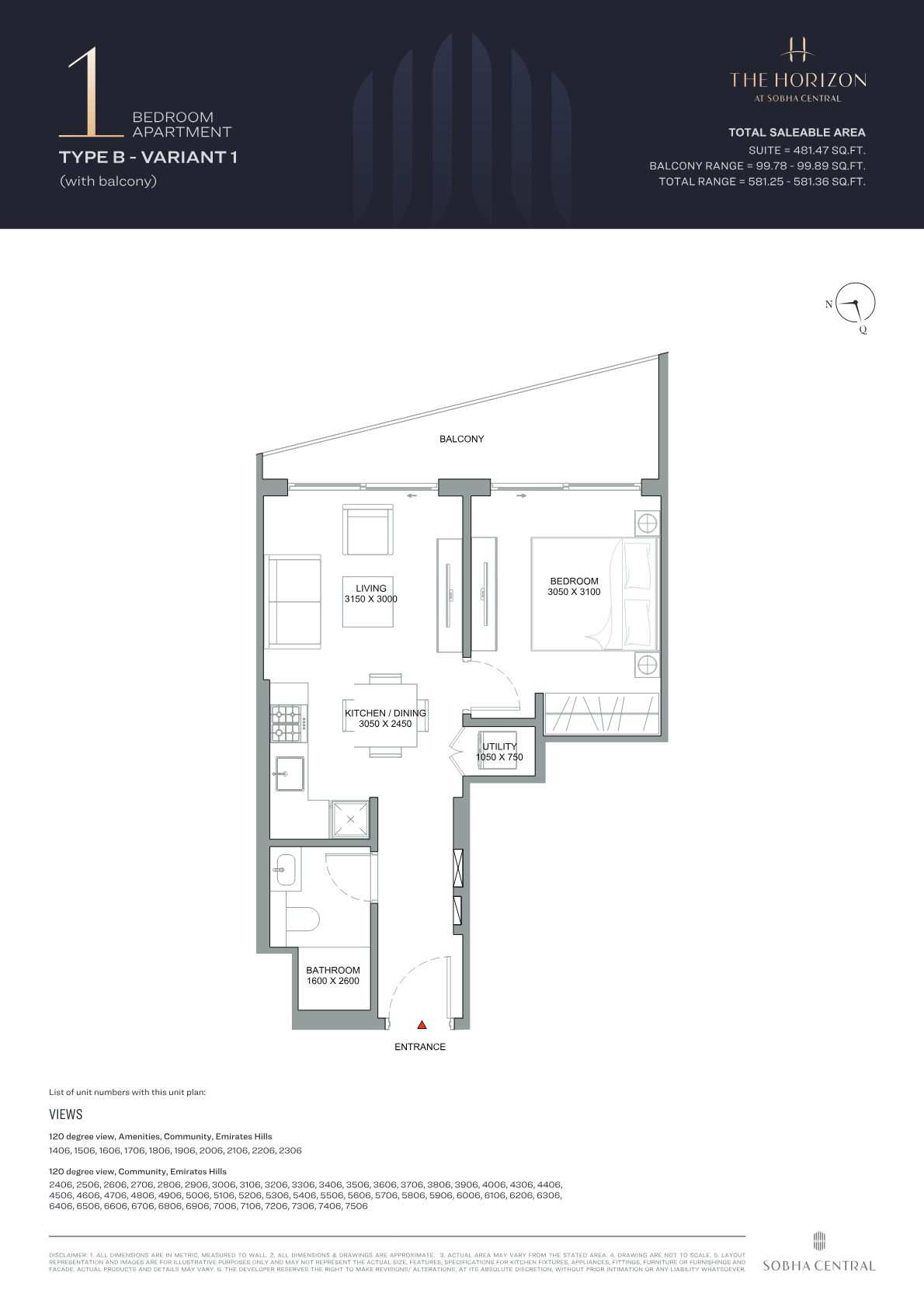 Sobha Central 1BR floor plan