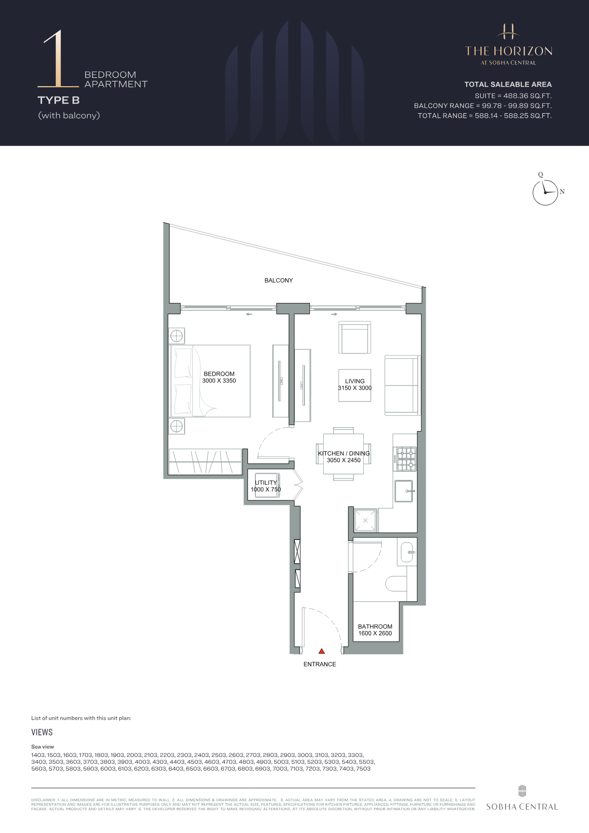Sobha Central 1BR floor plan
