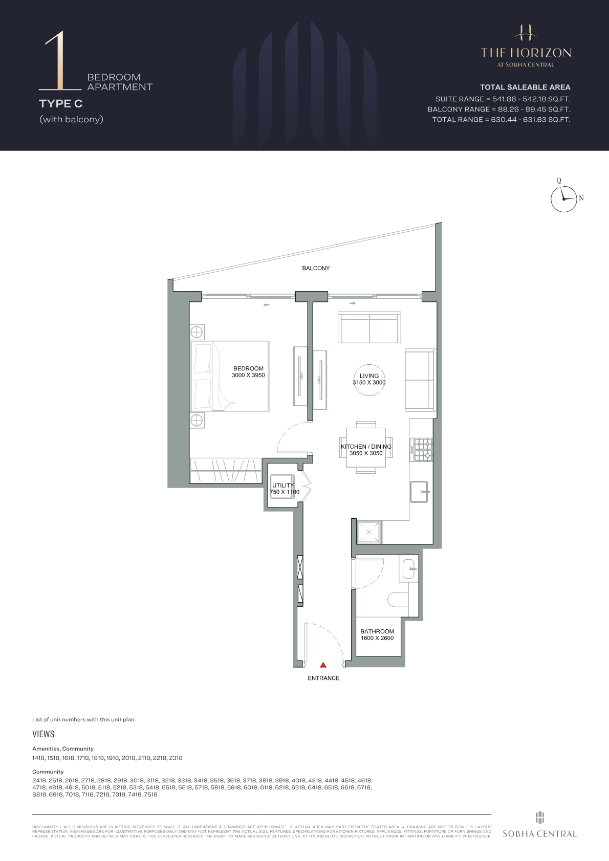 The Horizon 1BR floor plan