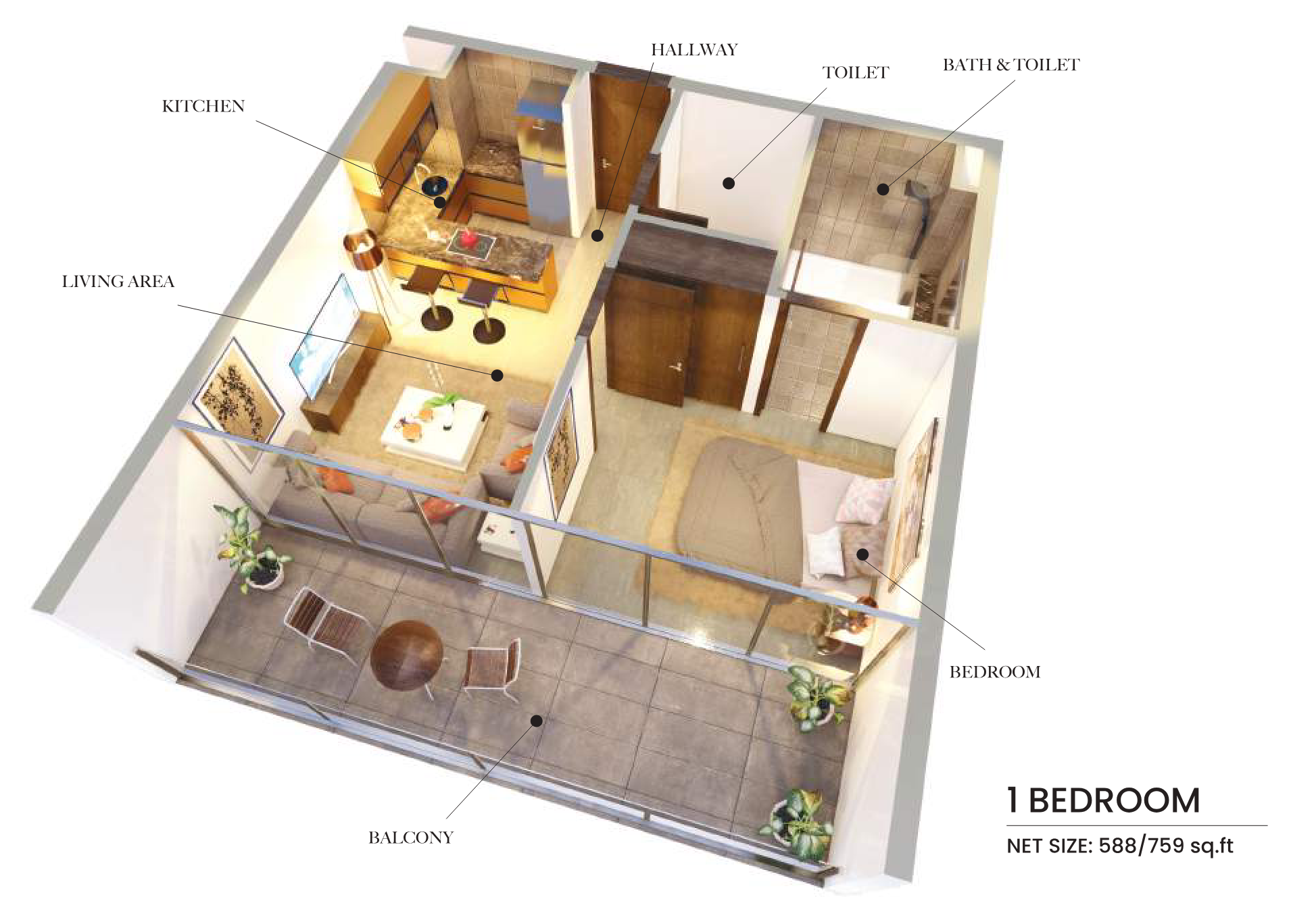 SAMANA Hills 1BR floor plan