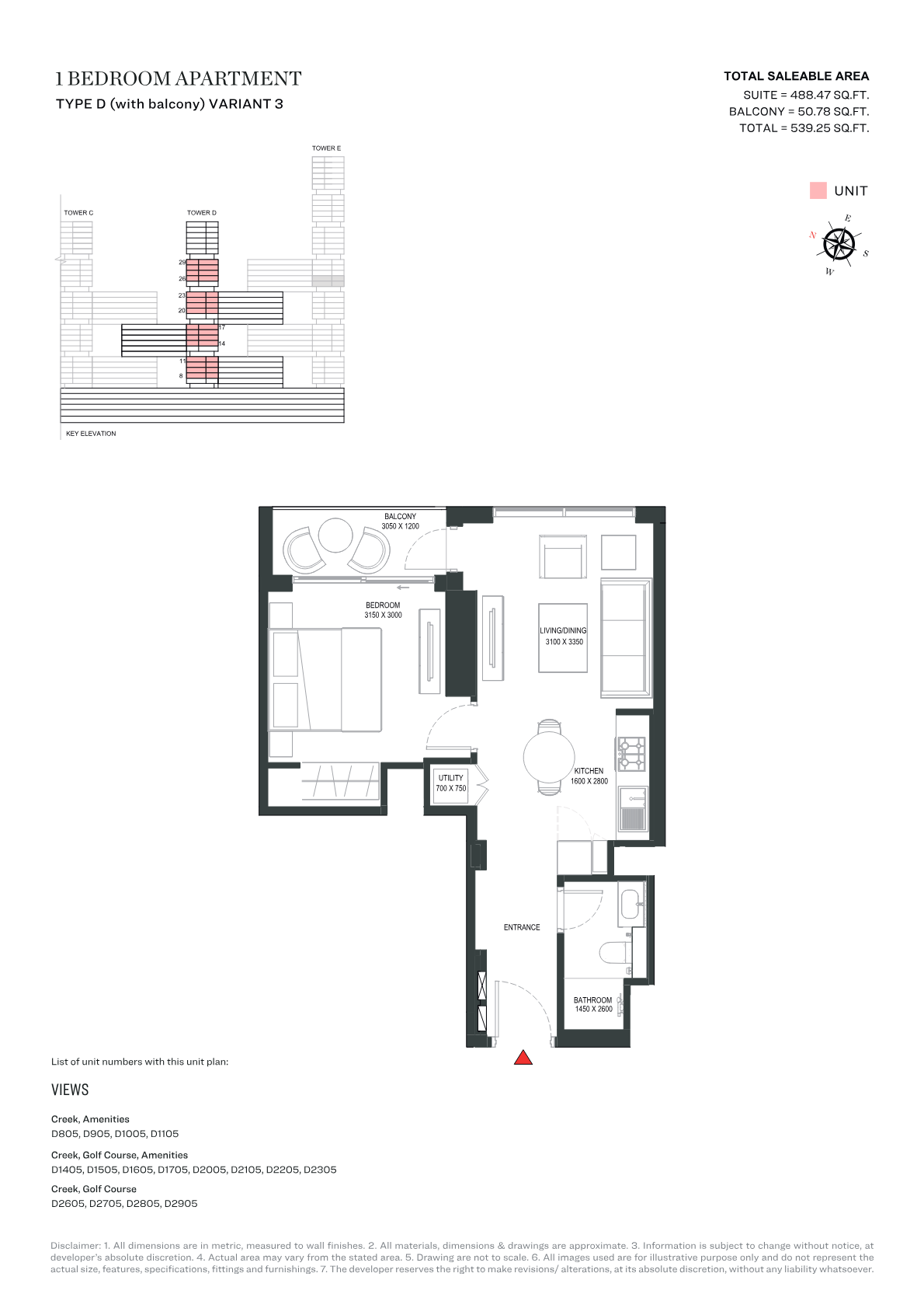 Sobha One Tower D 1BR floor plan