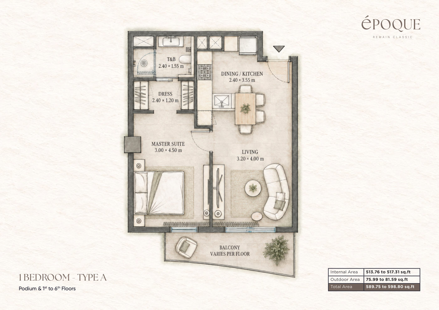 Époque 1BR floor plan