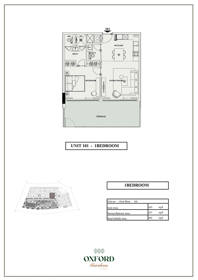 Oxford Gardens 1BR floor plan