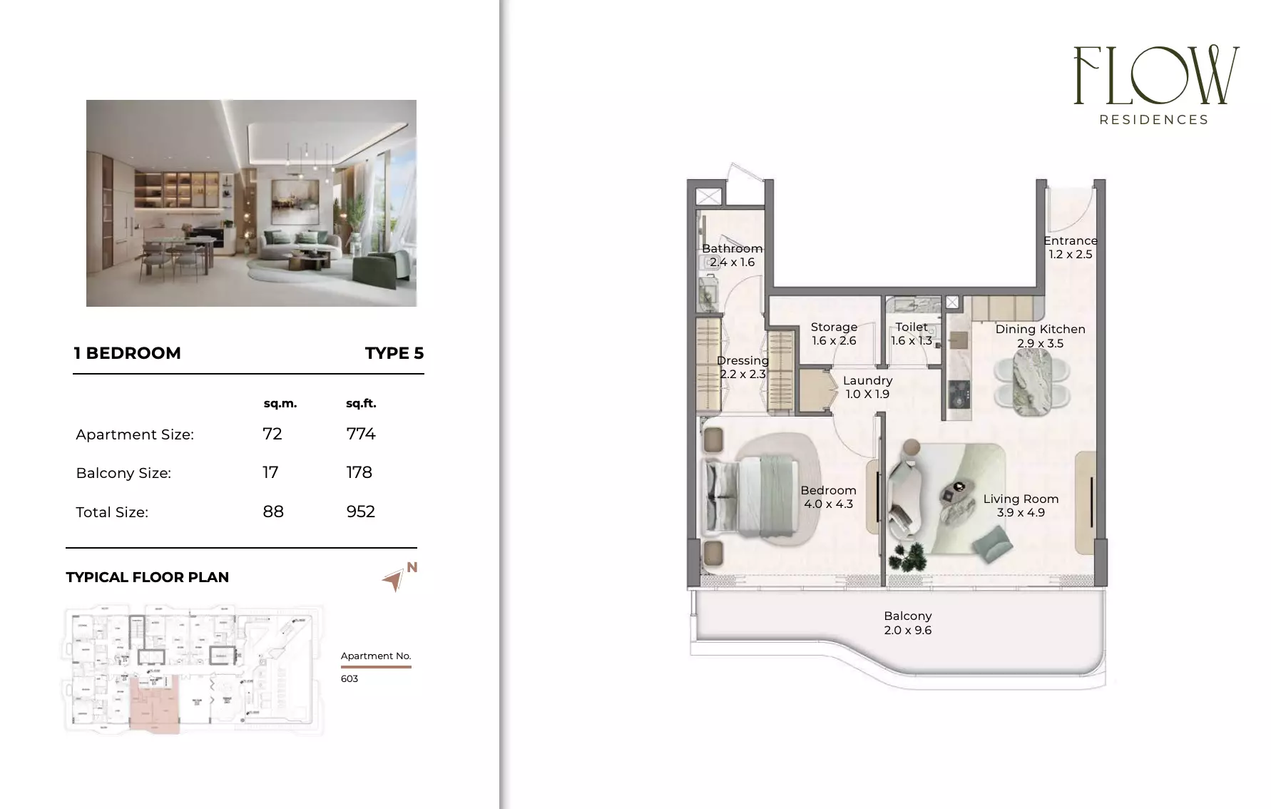 Flow Residences 1BR floor plan