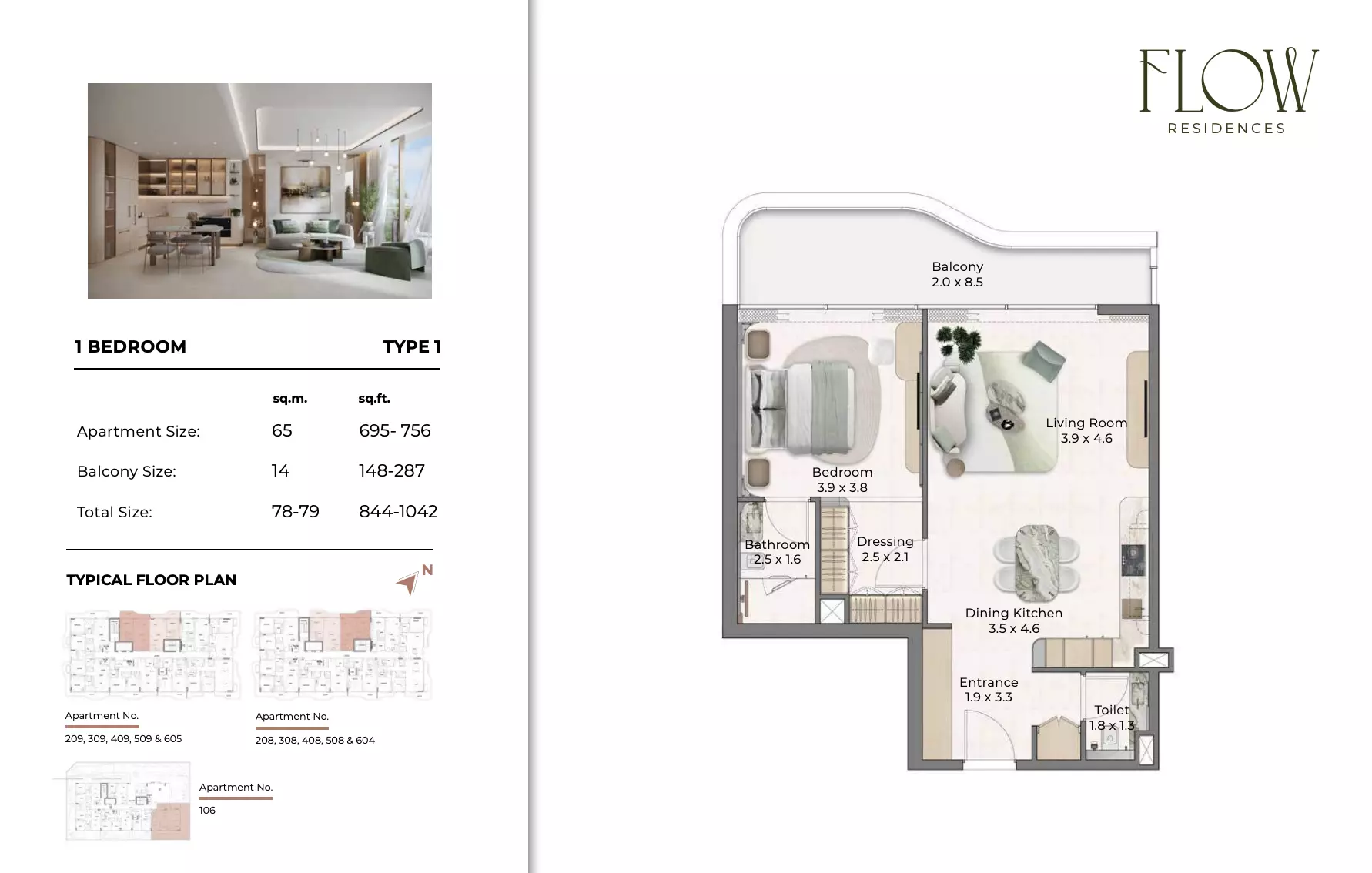Flow Residences 1BR floor plan