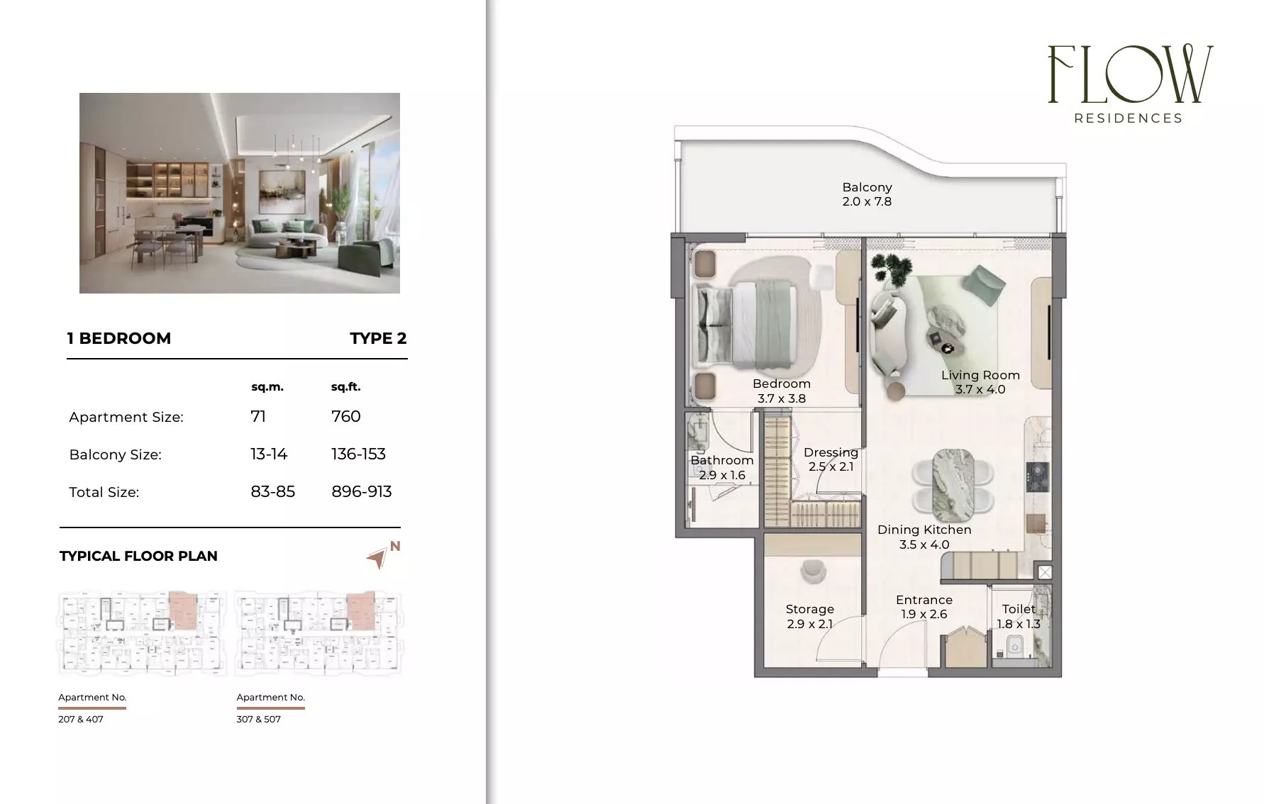Flow Residences 1BR floor plan