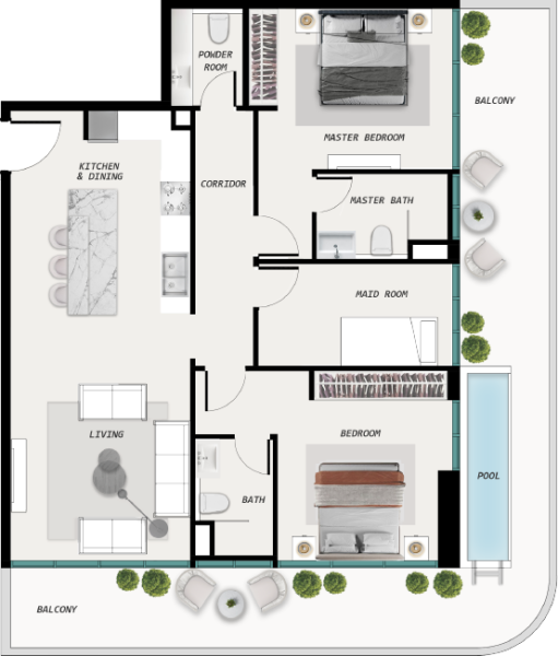 SAMANA Ocean Pearl 2BR floor plan