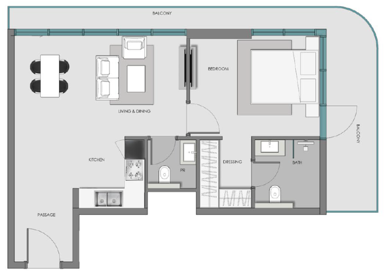 SAMANA Hills South 3 1BR floor plan