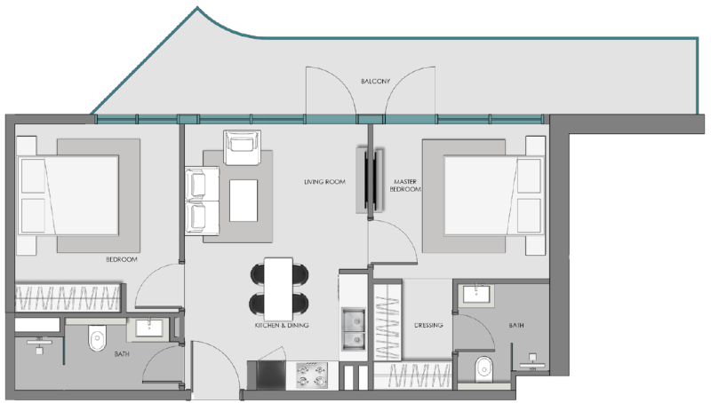 SAMANA Hills South 3 2BR floor plan