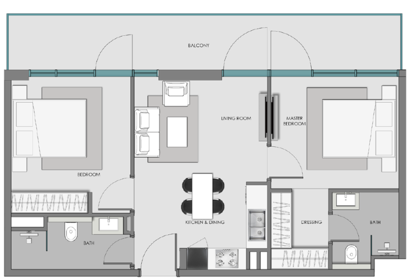 SAMANA Hills South 3 2BR floor plan
