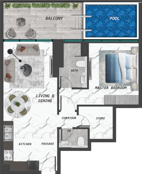 SAMANA Hills 1BR floor plan