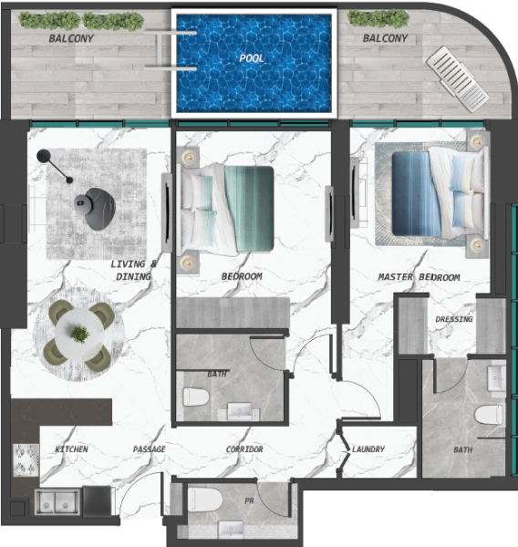 SAMANA Hills 2BR floor plan