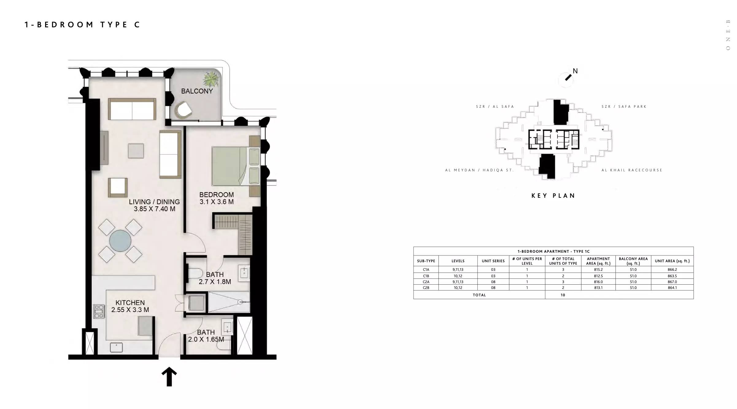One B Tower 1BR floor plan