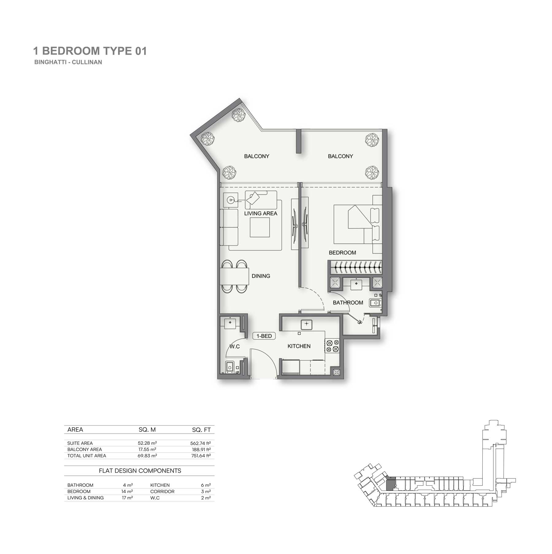 Binghatti Cullinan 1BR floor plan