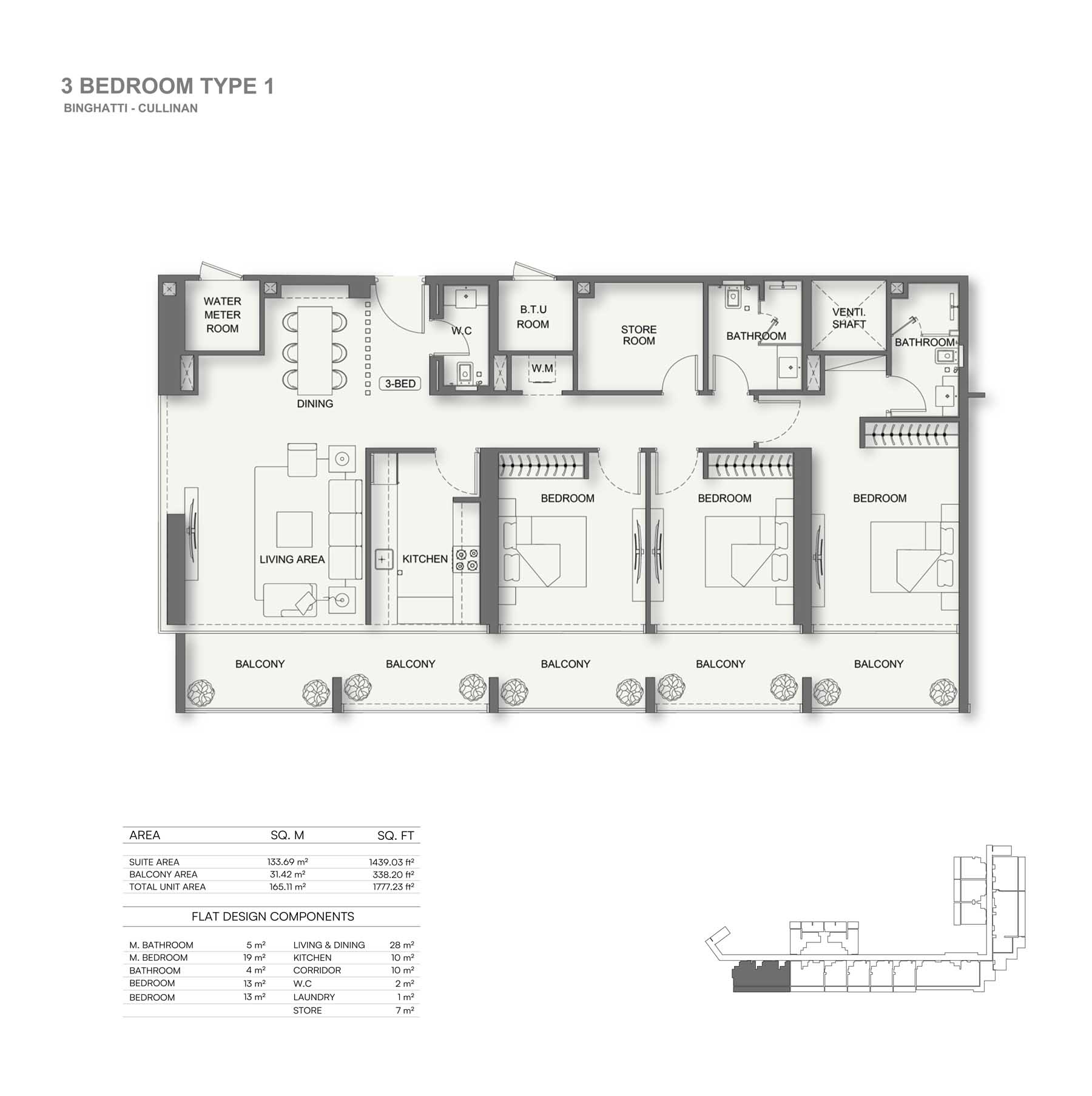 Binghatti Cullinan 3BR floor plan
