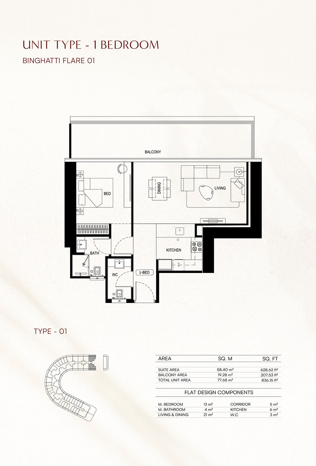 Binghatti Flare 1BR floor plan