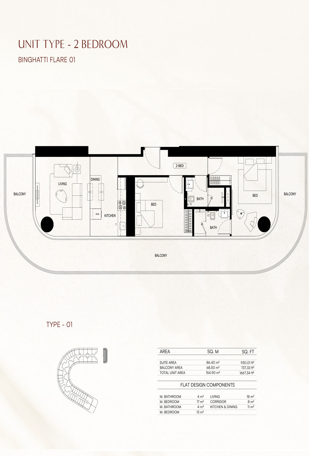 Binghatti Flare 2BR floor plan