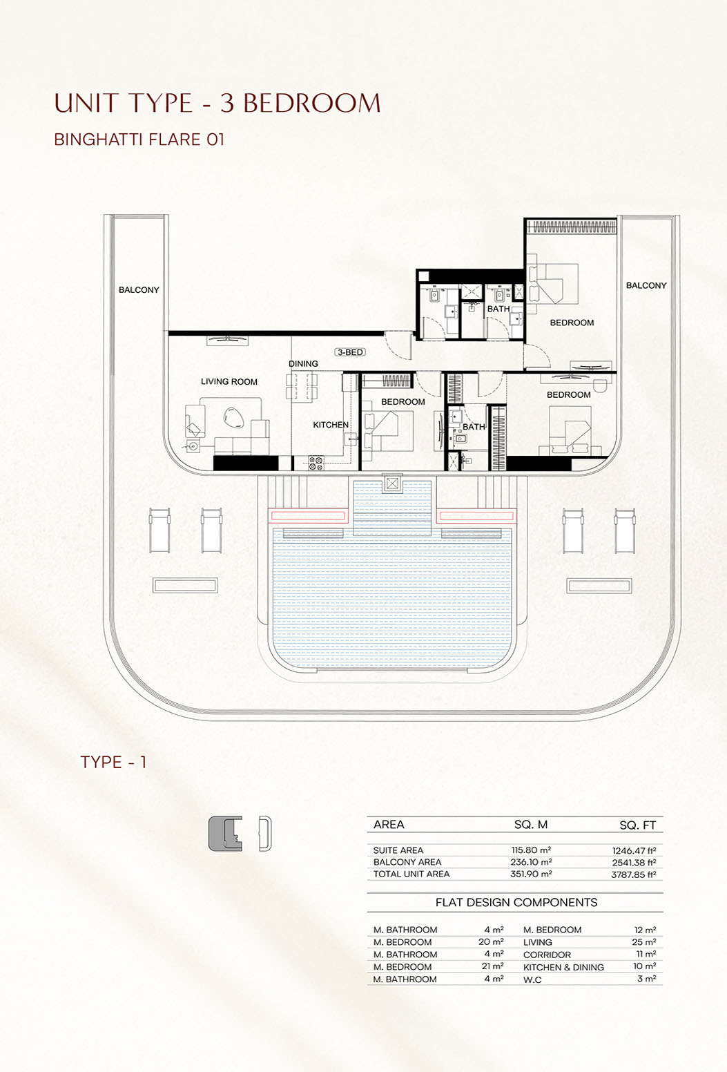 Binghatti Flare 3BR floor plan
